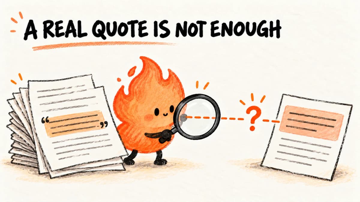 Generated hand-drawn flame illustration checking whether a quote supports an answer, not a product test screenshot