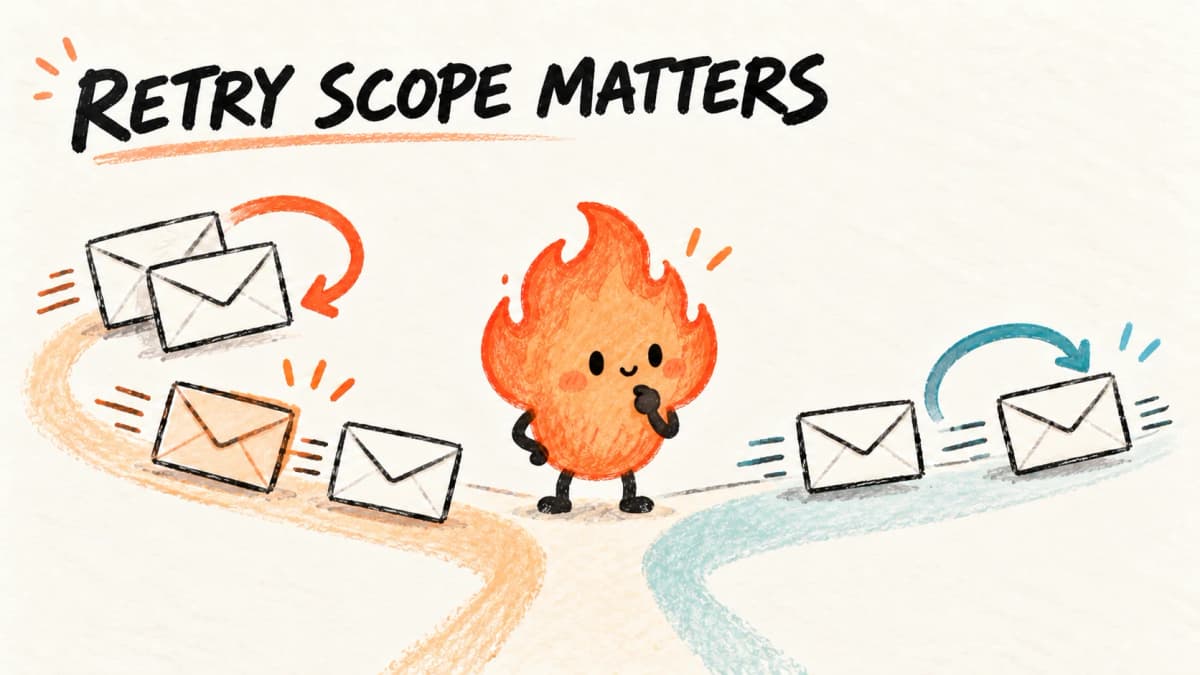 Generated hand-drawn flame illustration comparing batch and per-item retries, not a screenshot or delivery guarantee