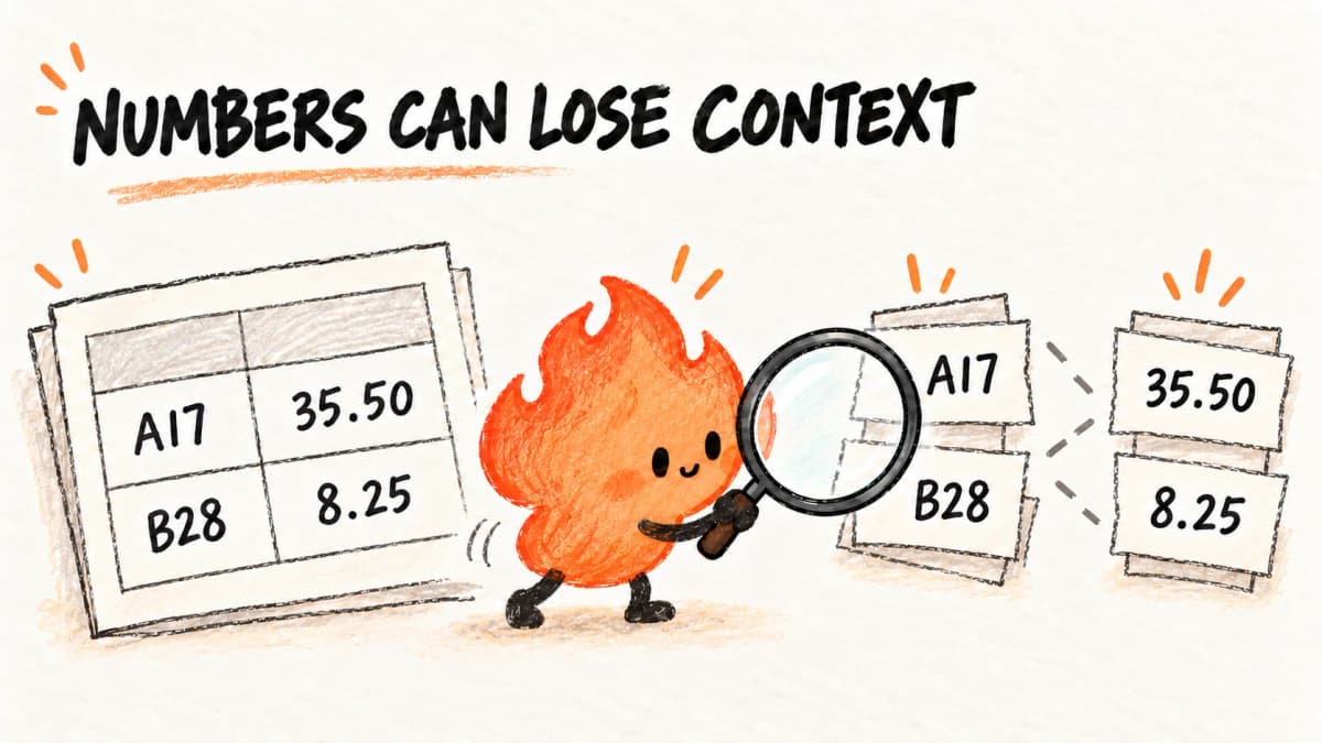 Generated hand-drawn flame illustration checking table numbers and row associations, not a test screenshot