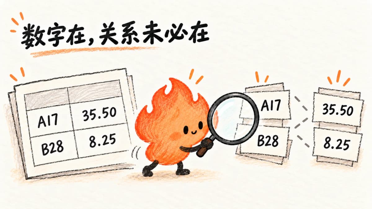 小火人核对表格数字与行关系的生成式手绘插画,并非实验截图