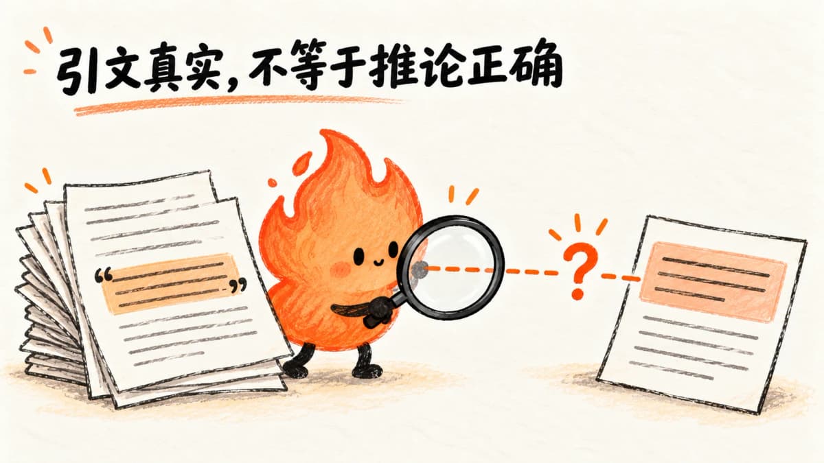 小火人核对引文与推论关系的生成式手绘插画,并非产品实测界面