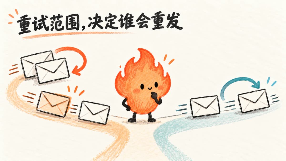 小火人比较整批与逐条重试范围的生成式手绘插画,并非软件截图或送达保证
